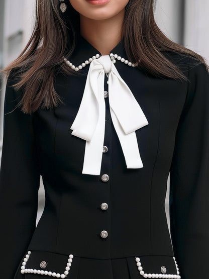 Pearl-Trim Bow Detail A-Line Dress