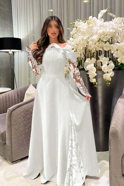 Off the Shoulder Long Sleeves Long Prom Dress With Appliques