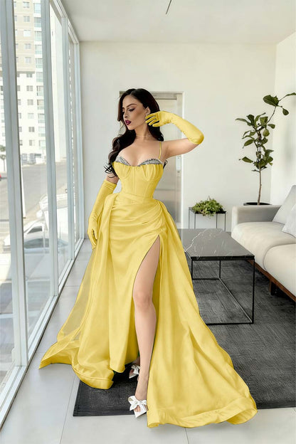 Spaghetti Strap Sleeveless Long Mermaid Prom Dress With Split Gloves