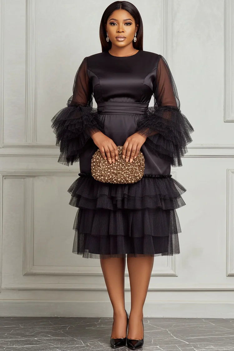Cocktail Party Black Round Neck Flare Long Sleeve Ruffle Tulle Midi Dress