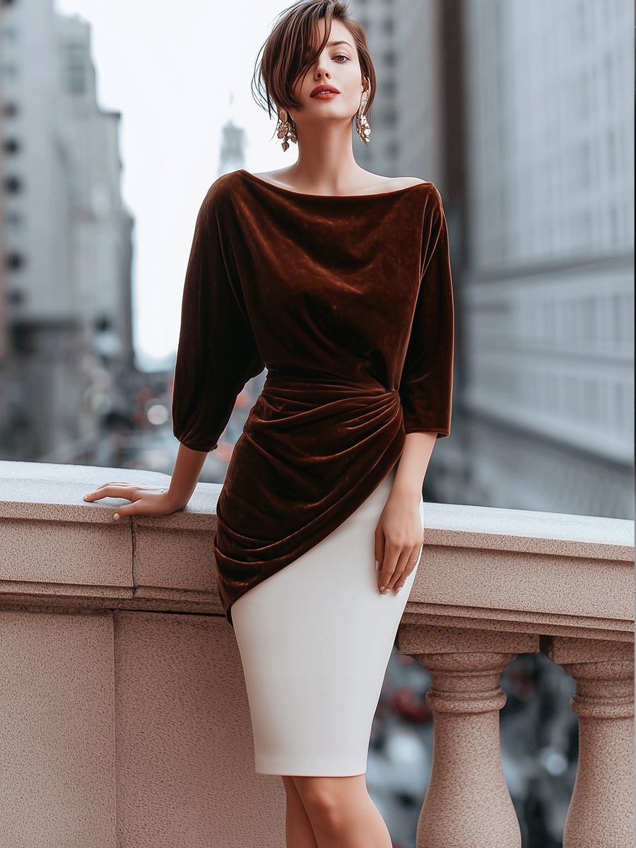 Elegant Two-tone Velvet Draped Midi Dress