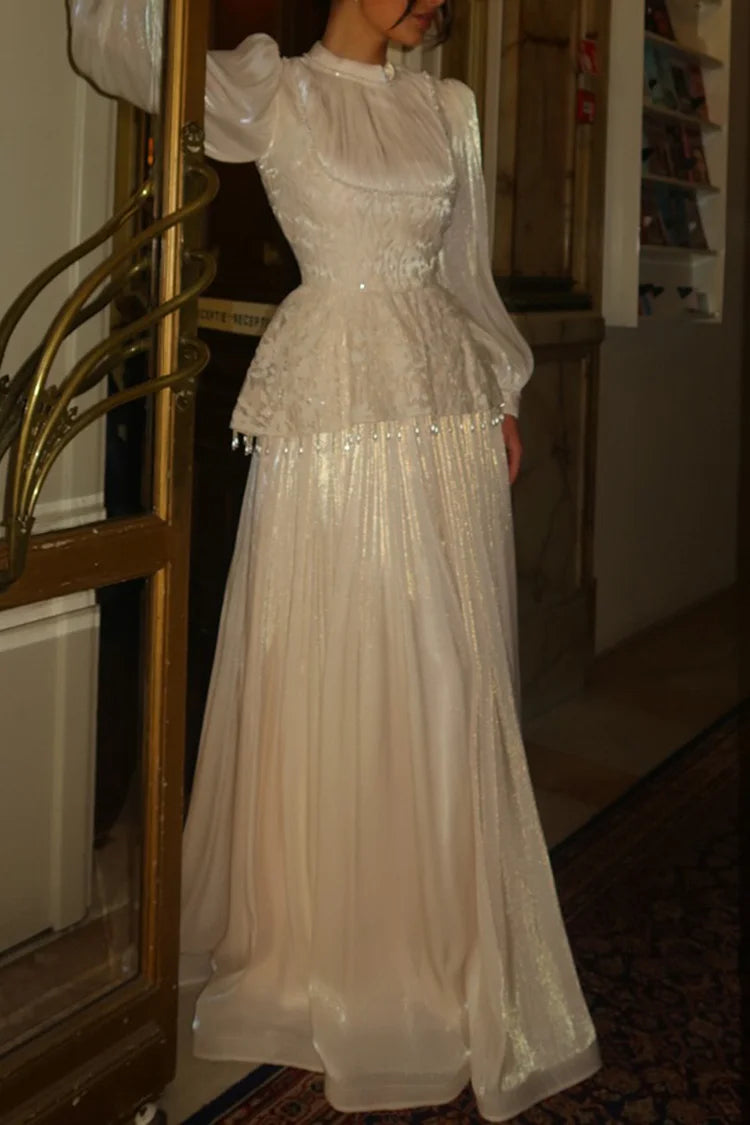 Flower Embroidery Beaded Tassel Pleated Party Maxi Dress