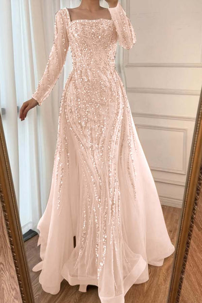 Square Neck Long Sleeves Long Mermaid Prom Dress With Beading Tulle