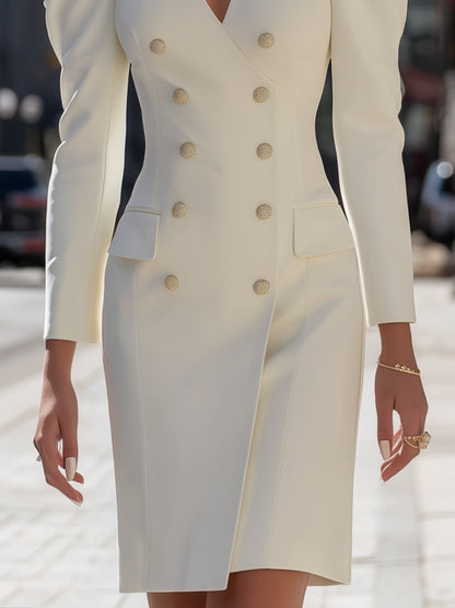 Structured Puff-Shoulder Double-Breasted Blazer Dress