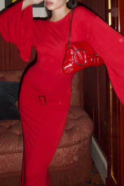 Buckle Decor Asymmetric Bell Sleeve Round Neck Slim Party Maxi Dress