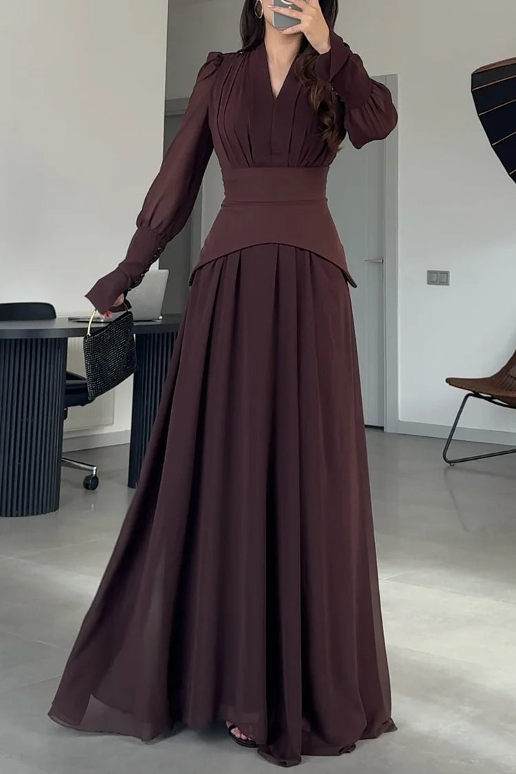 Pleated V Neck Puff Shoulder Long Sleeve Party Maxi Dress
