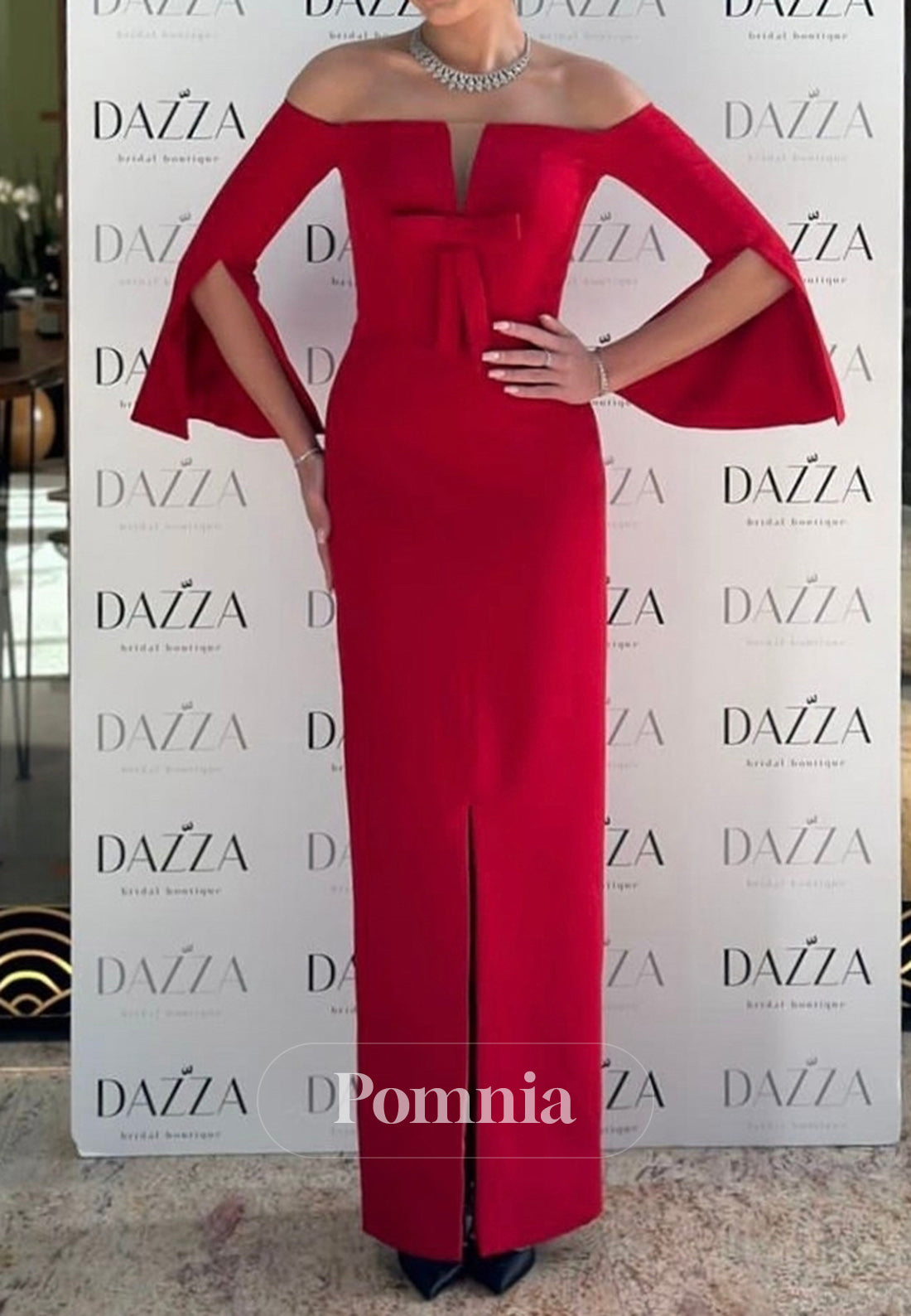 Long Sleeves Off-Shoulder Bowknot Satin Evening Dress