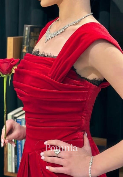 Red Spaghetti Straps Square Ruched Velvet Evening Dress