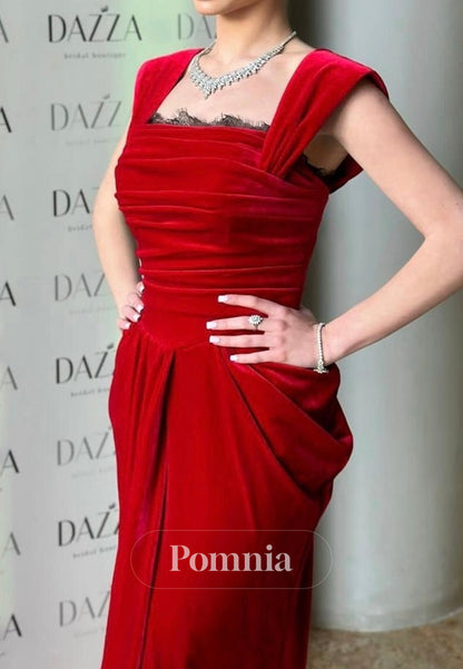 Red Spaghetti Straps Square Ruched Velvet Evening Dress