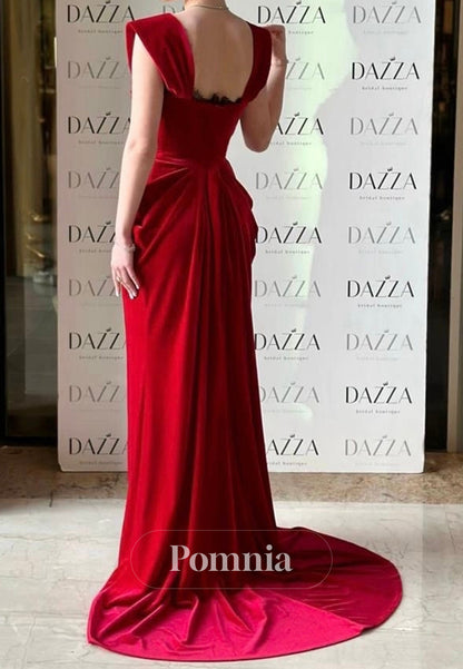 Red Spaghetti Straps Square Ruched Velvet Evening Dress