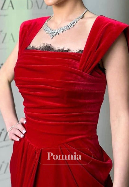 Red Spaghetti Straps Square Ruched Velvet Evening Dress