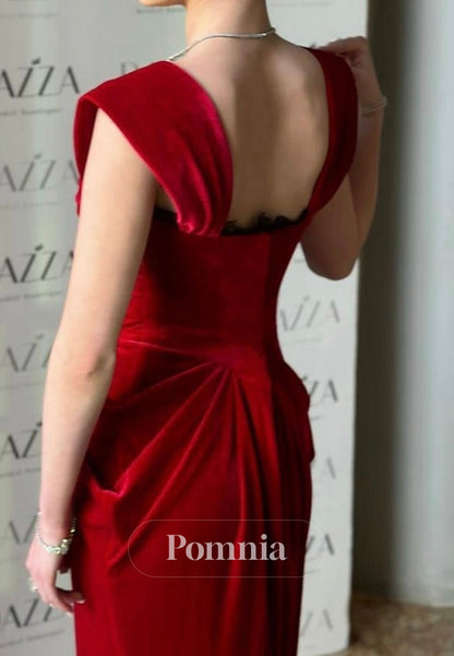 Red Spaghetti Straps Square Ruched Velvet Evening Dress