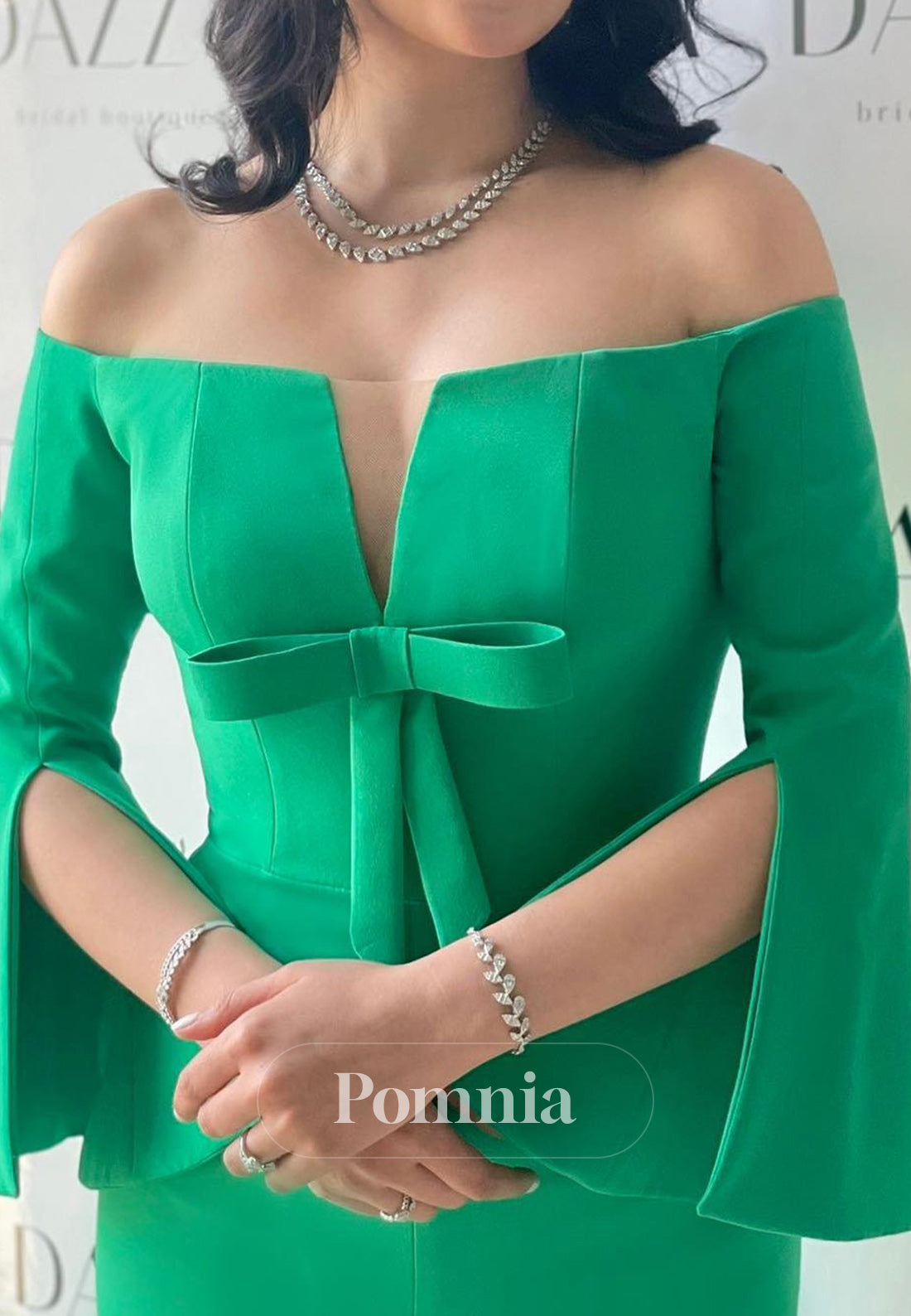 Long Sleeves Off-Shoulder Bowknot Satin Evening Dress