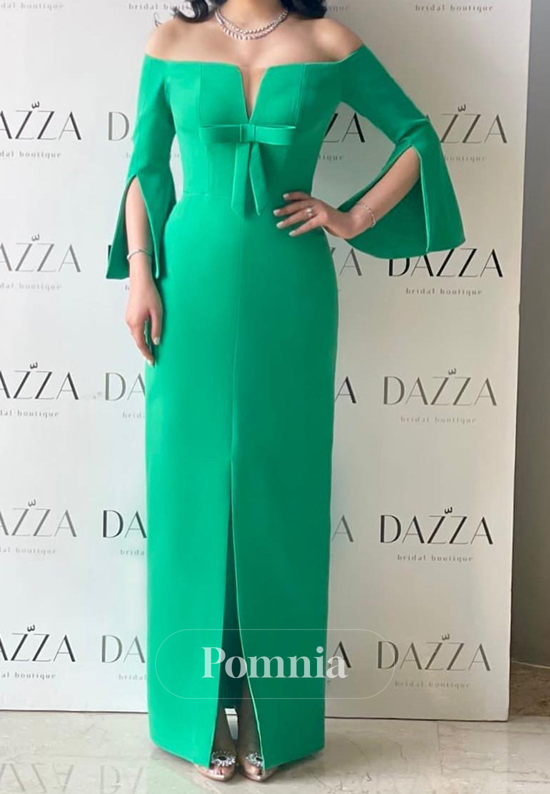 Long Sleeves Off-Shoulder Bowknot Satin Evening Dress