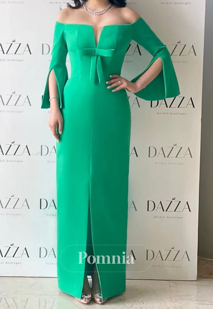 Long Sleeves Off-Shoulder Bowknot Satin Evening Dress