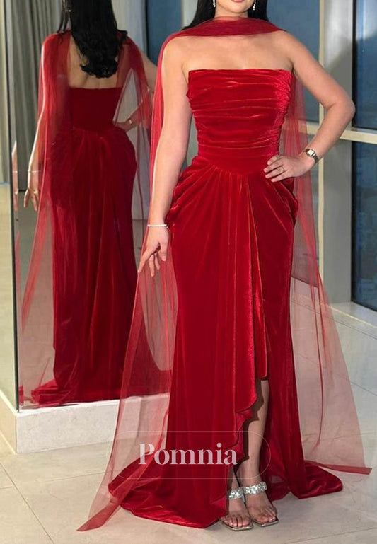 Red Sleeveless Strapless Slit Ruched Prom Dress