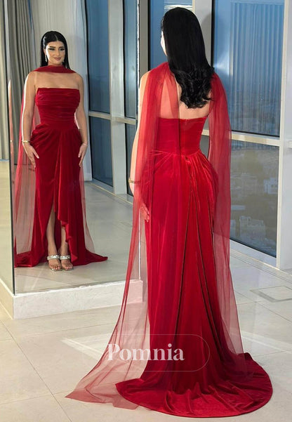 Red Sleeveless Strapless Slit Ruched Prom Dress