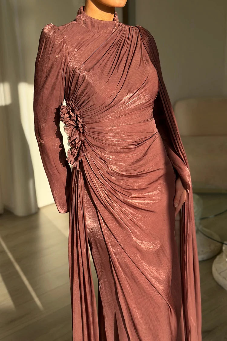 Rosette Ruched Cape Sleeve Sash Mock Neck Party Maxi Dress