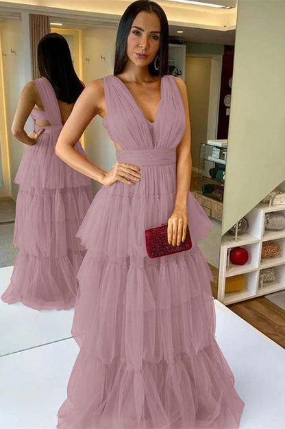 Sleeveless Long Pleated A-Line Prom Dress With Ruffles