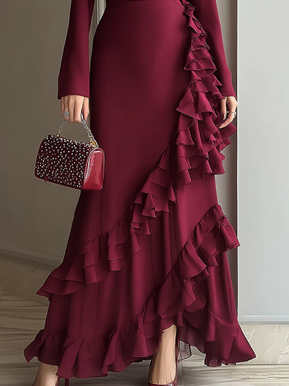 Wine Red Asymmetric Ruffled Long Sleeve Maxi Dress