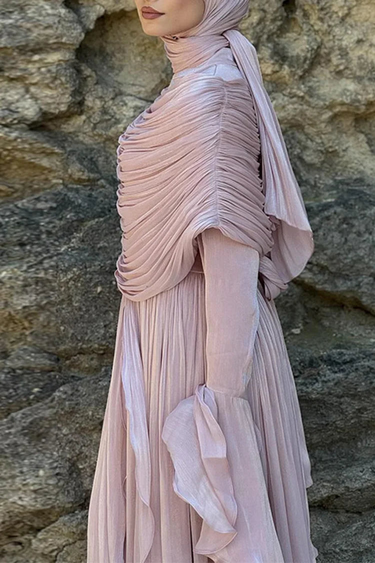 Draped Shoulder Pleated Slit Ruffled Trim Bell Sleeve Maxi Dress