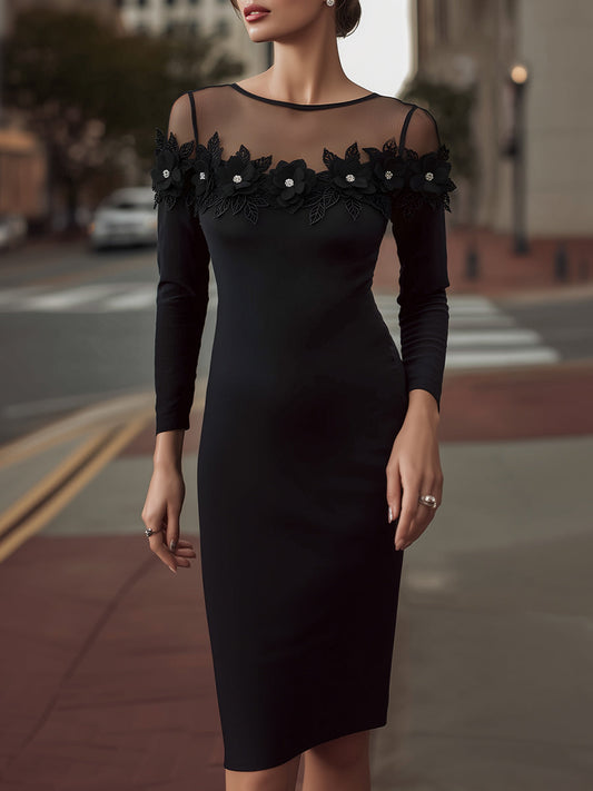 Embellished Floral Appliqué Mesh Yoke Midi Dress