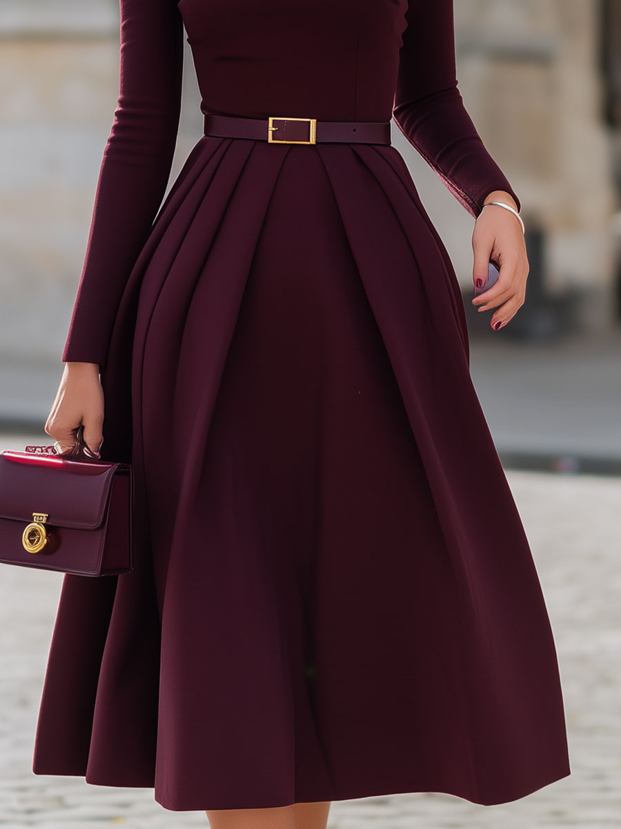 Mooyius Presents The Burgundy Belted Midi Dress With Pleated Skirt