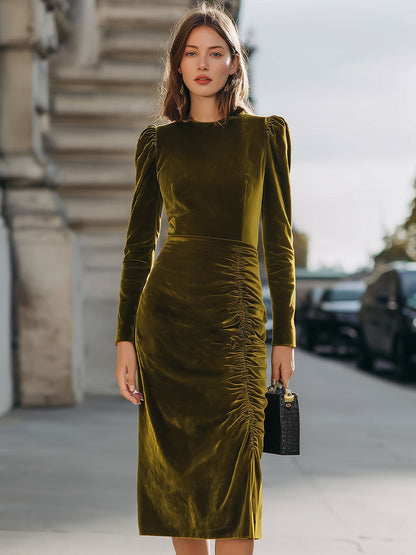 Elegant Olive Green Velvet Puff-Sleeve Ruched Midi Dress