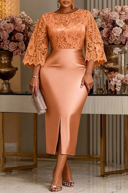 Rose Gold Round Neck Flare 3/4 Sleeve Split Satin Midi Dress