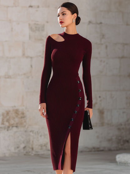Elegant Burgundy Ribbed Cutout Midi Dress With Side Buttons And Slit