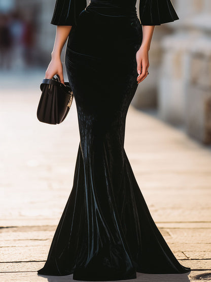 Luxe Black Velvet Boat Neck Trumpet Gown