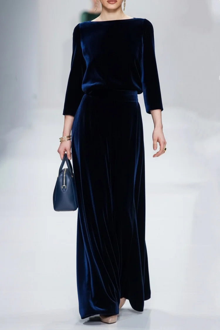 Solid Color Boat Neck 3/4 Sleeve Top Maxi Skirt 2pcs Set