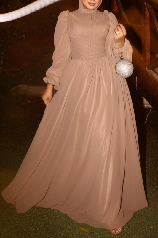 Puff Sleeve Ruched Button Decor Mock Neck Party Maxi Dress