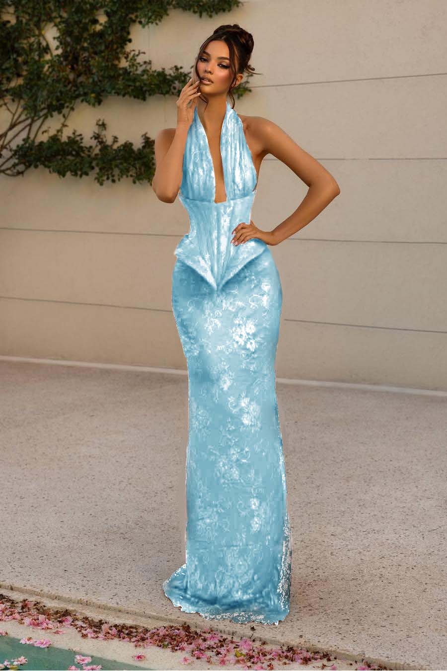 Halter Sleeveless Long Mermaid Prom Dress With Lace Appliques