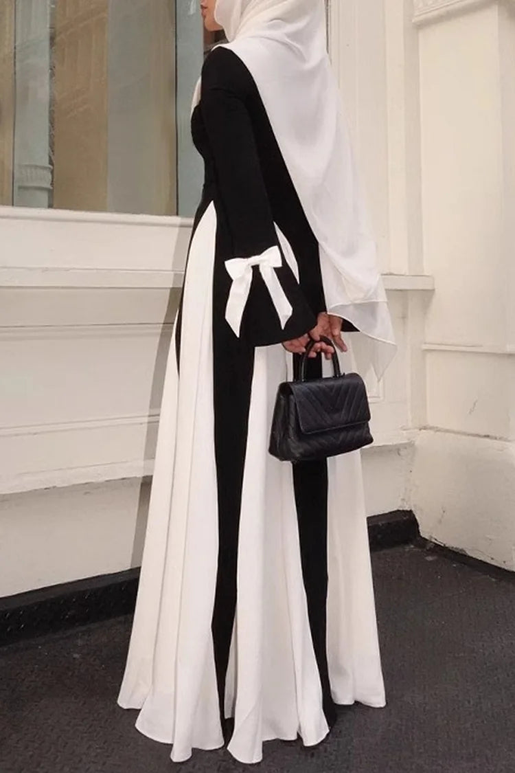 Bow Decor Long Sleeve Round Neck Colorblock Party Maxi Dresses
