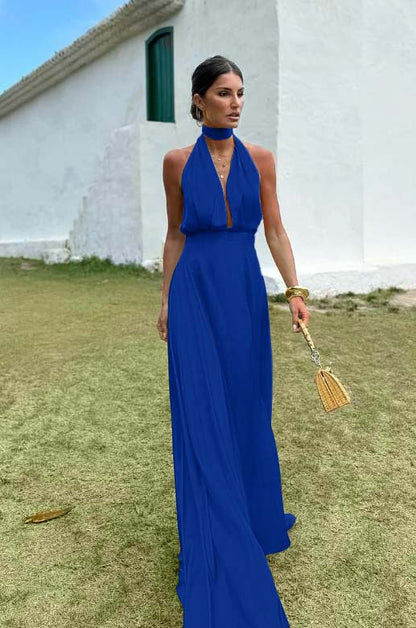 Charming Sleeveless Halter V Neck Long Prom Dress With Pleated