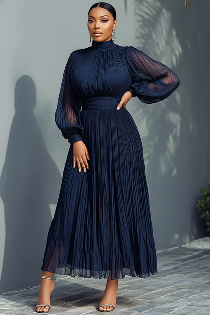 Mock Neck Lantern Sleeve Long Sleeve See Through Elegant Ruffled Midi Dress