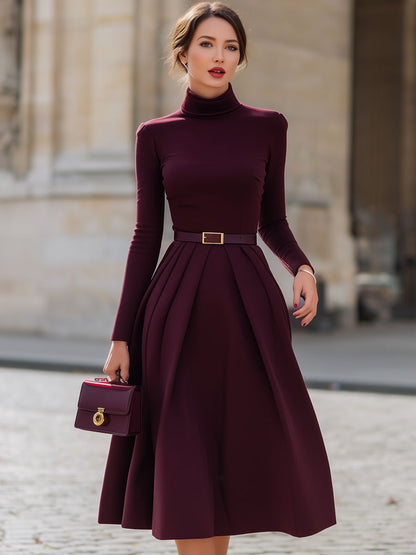 Mooyius Presents The Burgundy Belted Midi Dress With Pleated Skirt