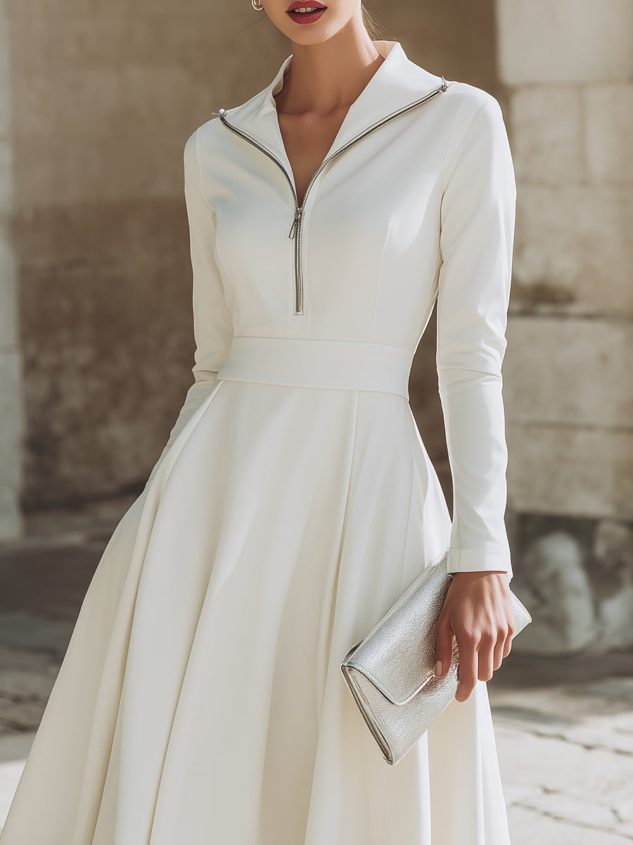 Zip-Front Long Sleeve Fit-and-Flare Midi Dress
