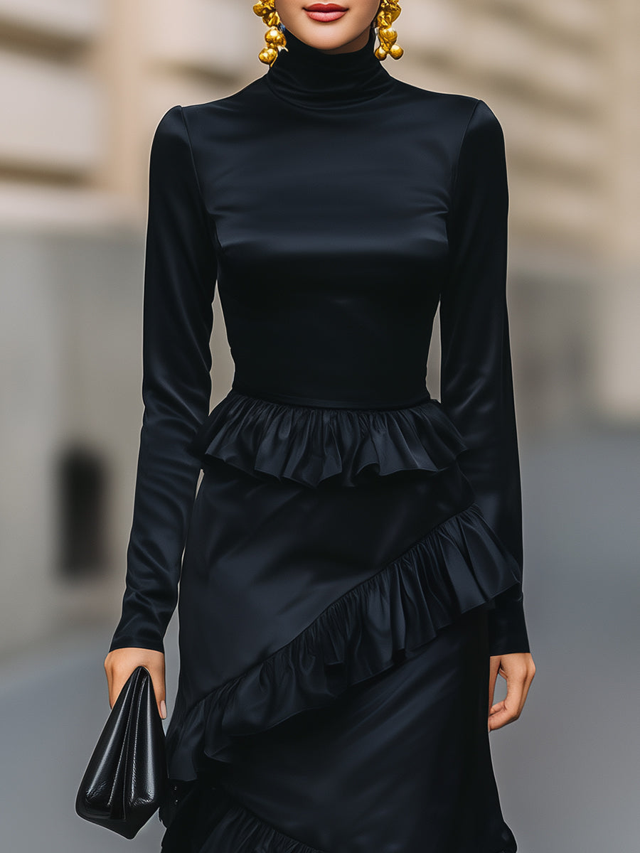 Luxe Turtleneck Asymmetric Ruffle Midi Dress