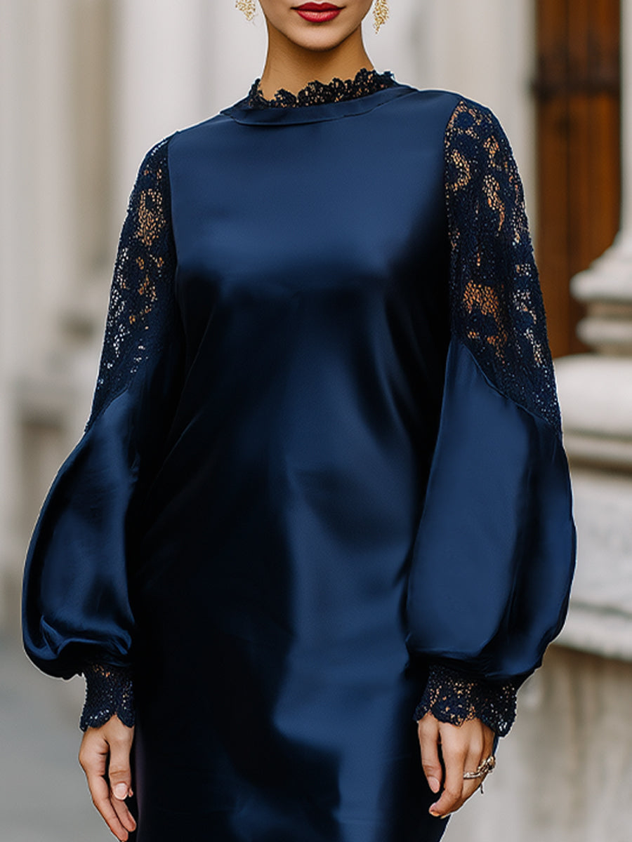 Elegant Satin Midi Dress With Lace Balloon Sleeves