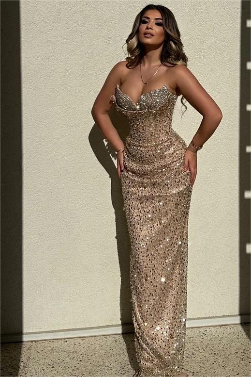 Chic Sequins Strapless Sleeveless High Waist Long Prom Dress