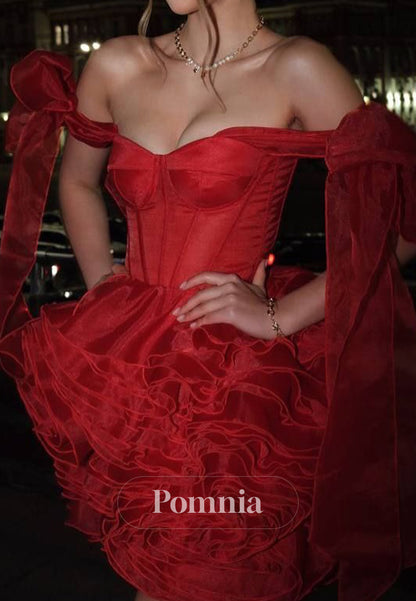 Red Sleeveless Sweetheart Corset Tulle Ruffles Homecoming Dress