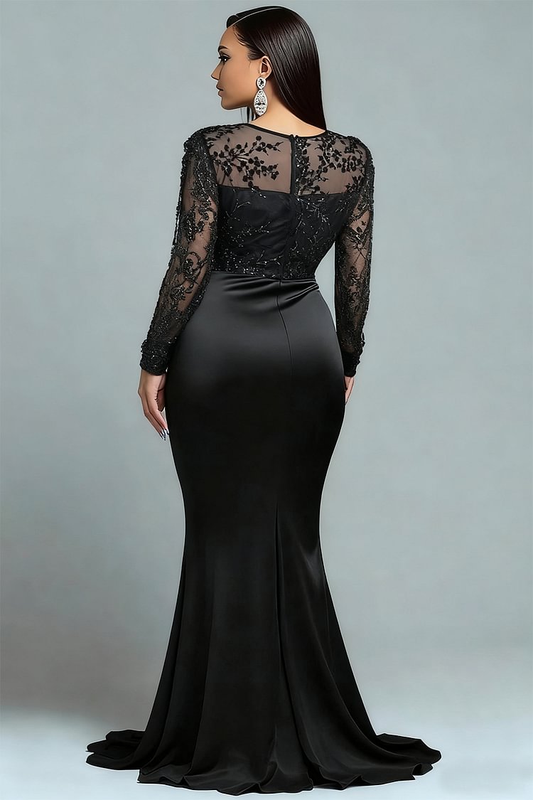 Formal Sequin Black Round Neck Puff Sleeve Long Sleeve Mermaid Maxi Dress