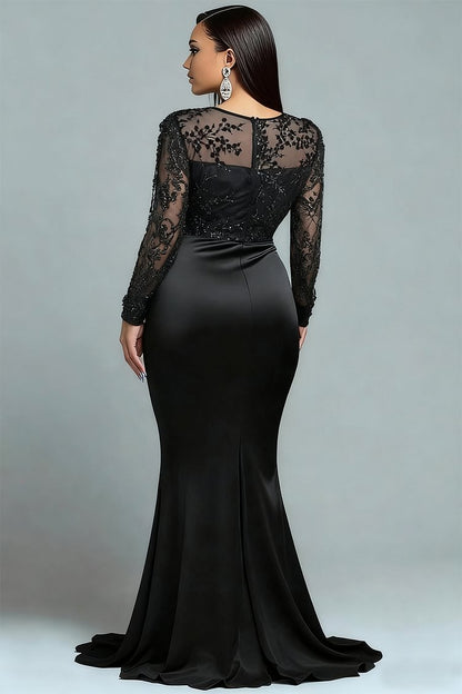 Formal Sequin Black Round Neck Puff Sleeve Long Sleeve Mermaid Maxi Dress