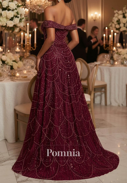 A-Line Off-Shoulder Cap Sleeves Sequins Evening Dress