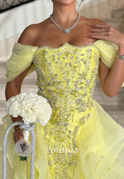 Daffodil Cap Sleeves Off-Shoulder Floral Appliques Prom Dress