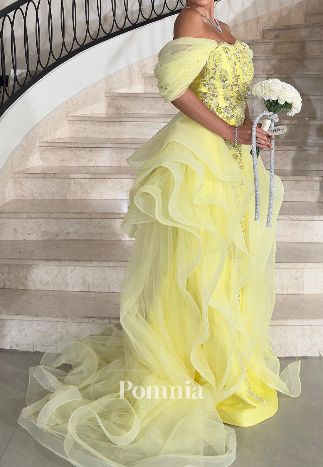 Daffodil Cap Sleeves Off-Shoulder Floral Appliques Prom Dress