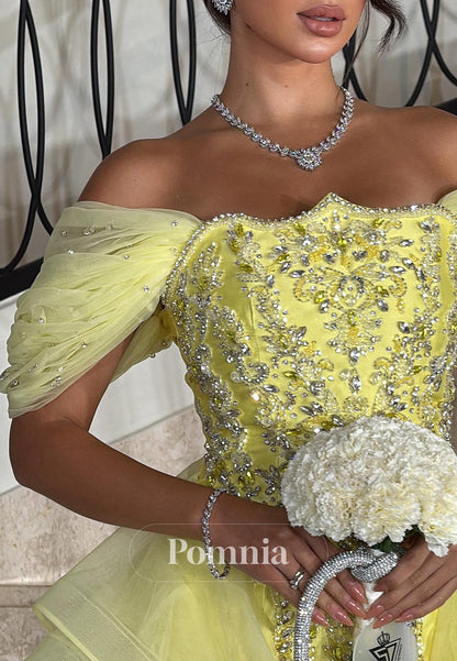Daffodil Cap Sleeves Off-Shoulder Floral Appliques Prom Dress