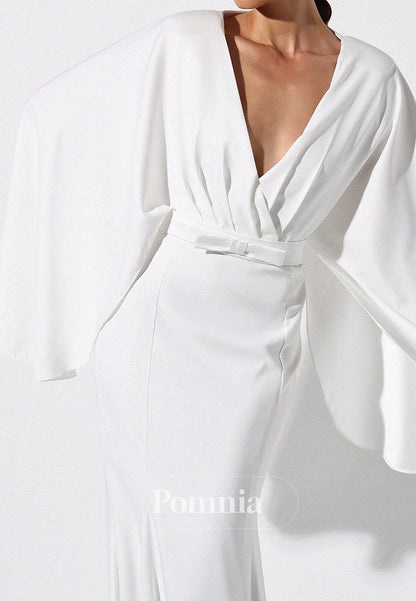 White Long Sleeves V-Neck Empire Waist Evening Dress